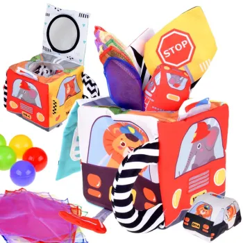 kostka sensoryczna pojazdy z kolorowymi chusteczkami i lusterkiem