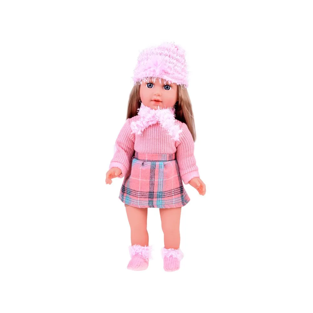 lalka Kate prezentuje komplet dodatków: czapkę, szalik i skarpetki