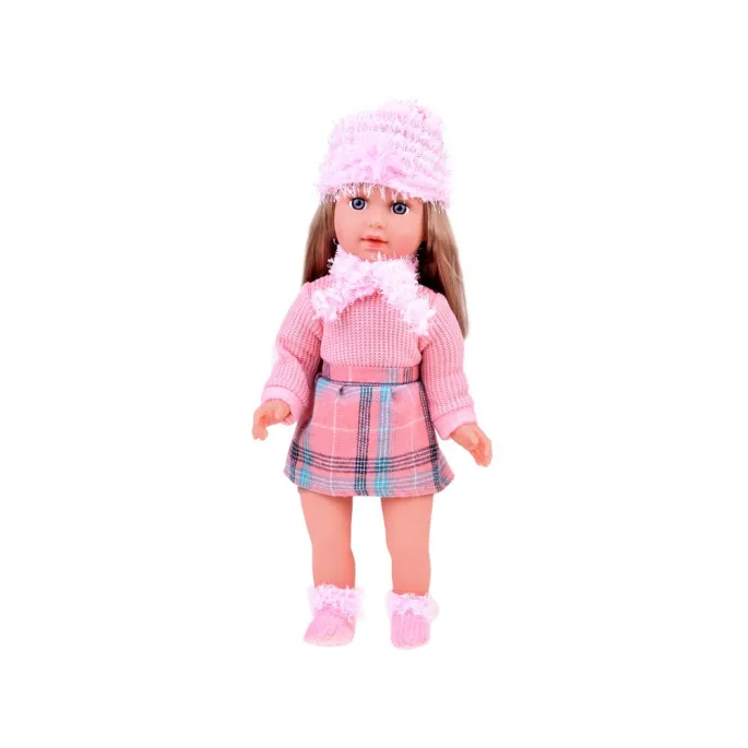 lalka Kate prezentuje komplet dodatków: czapkę, szalik i skarpetki