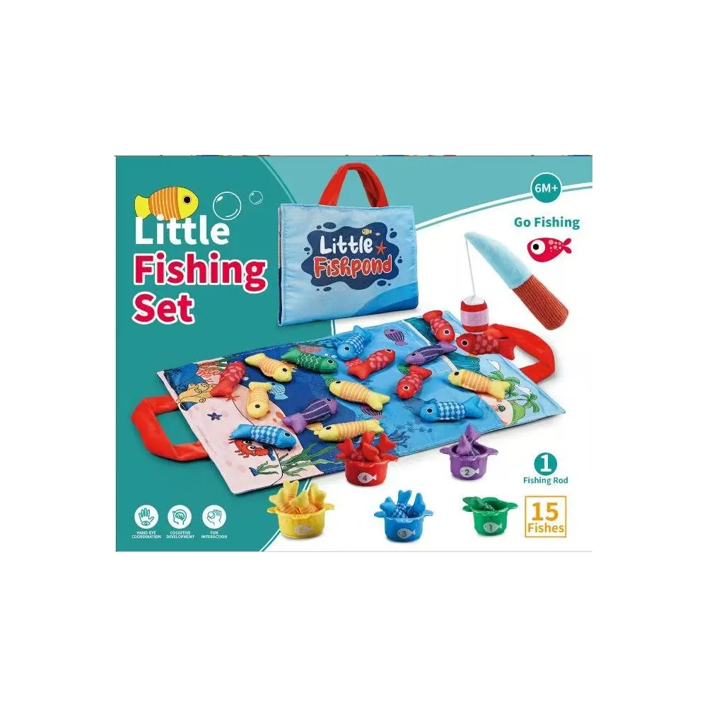 miękki zestaw do łowienia rybek z kolorowymi rybkami i wędką na tle białym