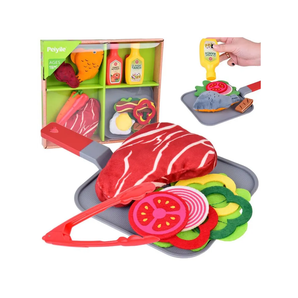 zestaw do robienia obiadu z materiałowymi warzywami i stekiem