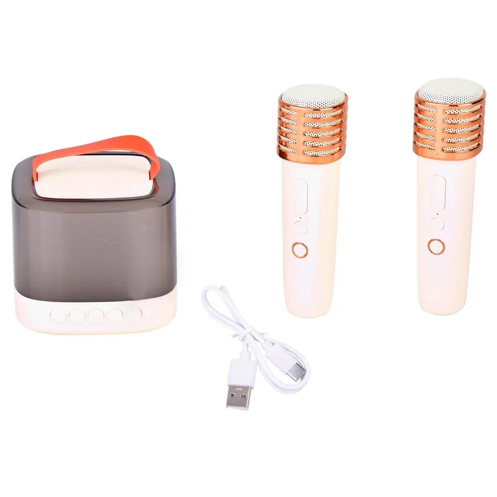 Bezprzewodowy głośnik z mikrofonami na tle kolorowego pudełka