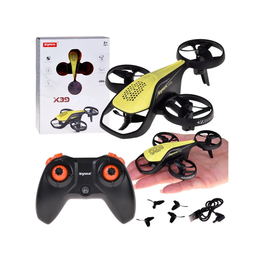 mini dron syma x39 na białym tle z pilotem dołączonym do zestawu