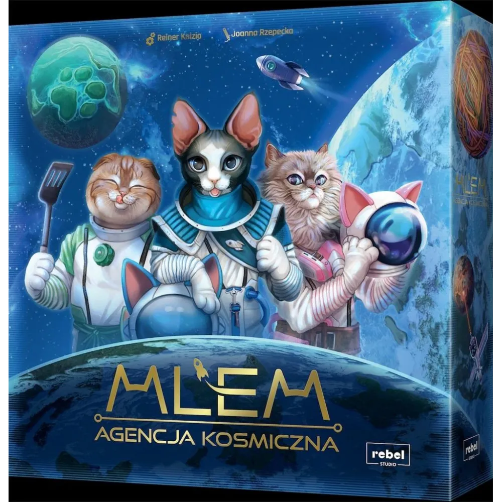 pudełko gry MLEM: Agencja kosmiczna REBEL z elementami planszy i żetonami