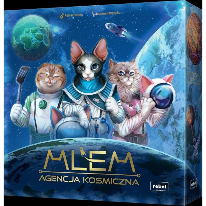 pudełko gry MLEM: Agencja kosmiczna REBEL z elementami planszy i żetonami