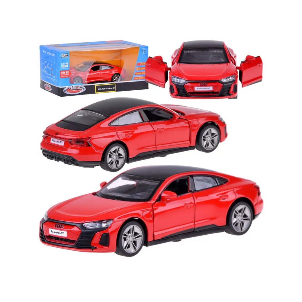 Czerwony model Audi RS e-tron GT 1:36 prezentowany z boku