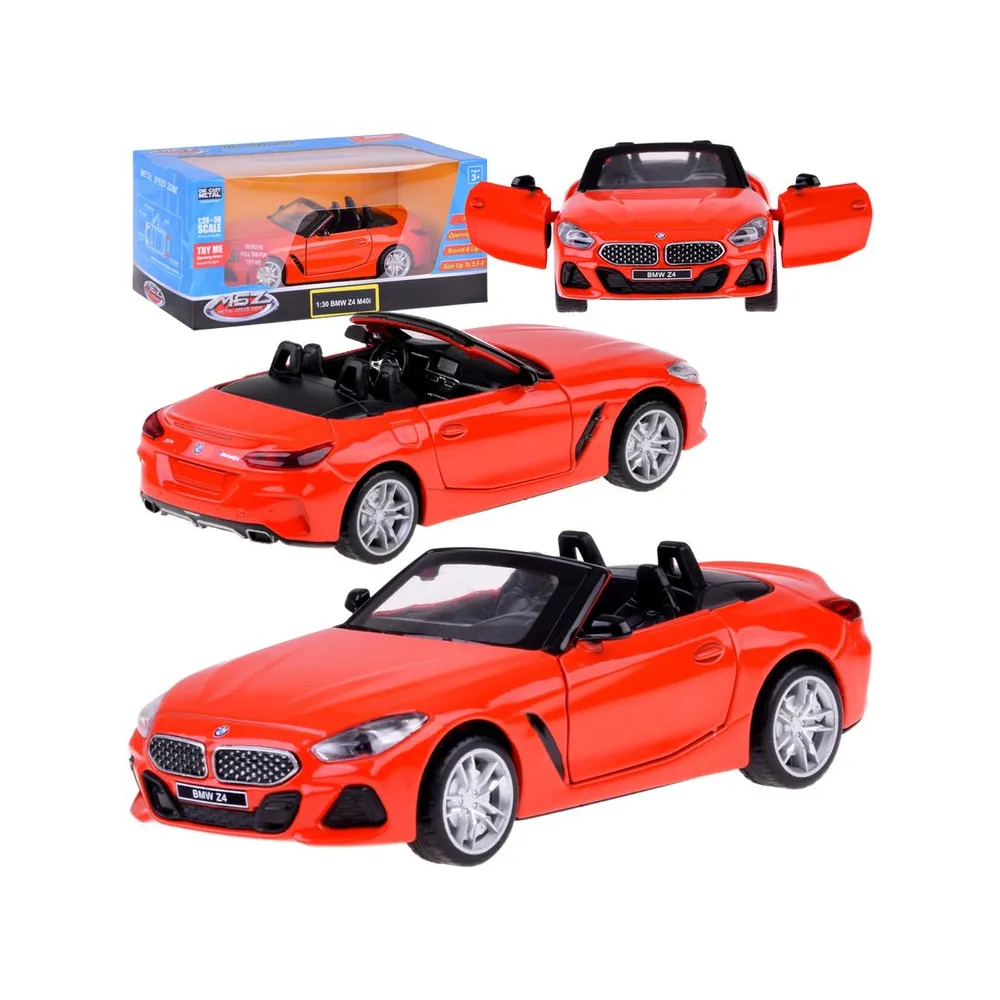 metalowy model BMW Z4 M40i cabrio w czerwonym kolorze na białym tle