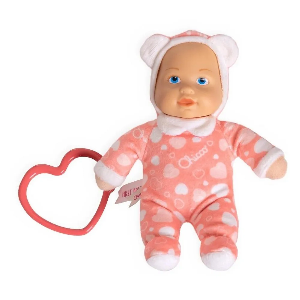 miękka laleczka z pastelowymi kolorami i winylową główką na jasnym tle