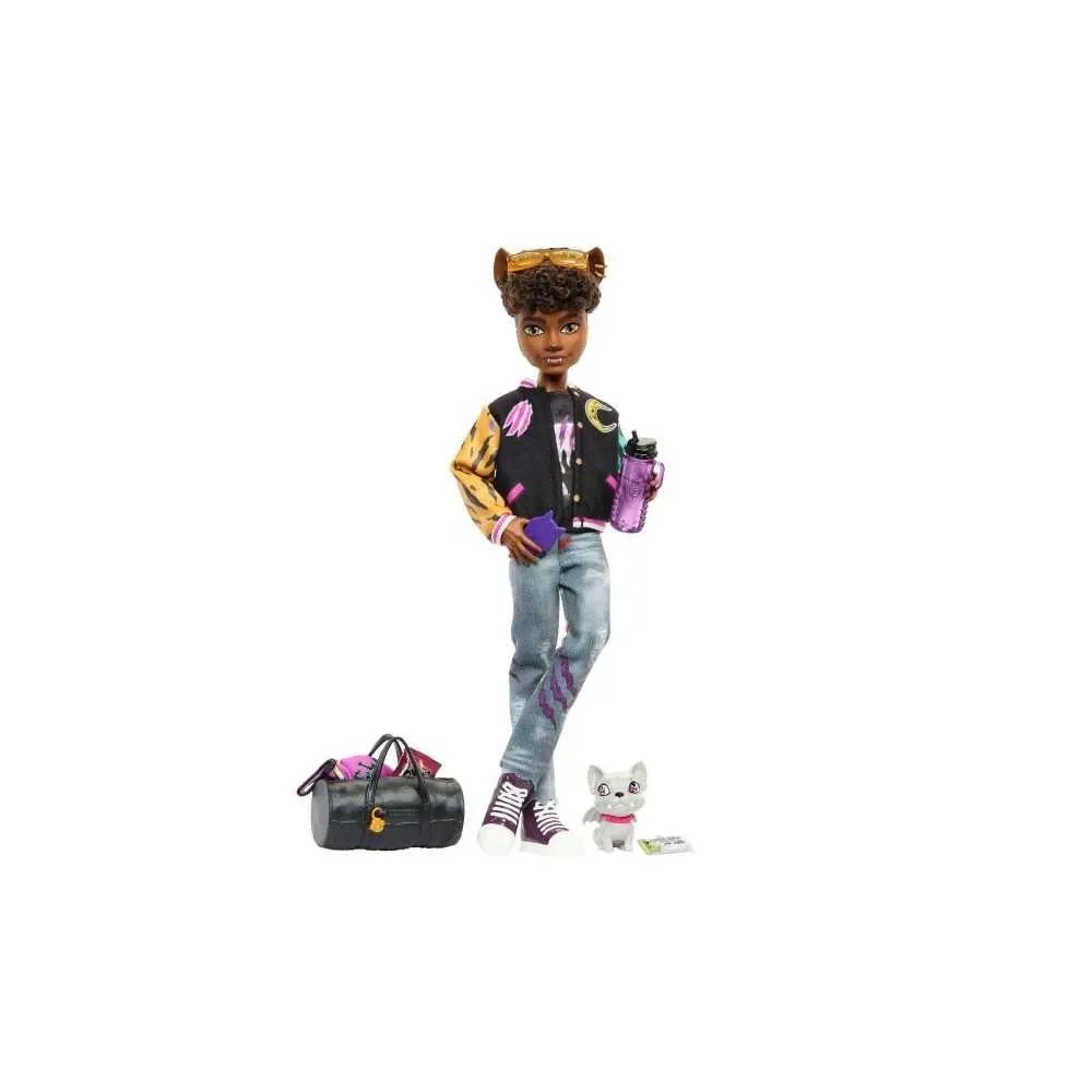 Monster High Clawd Wolf z akcesoriami i buldogiem Rockseena na białym tle