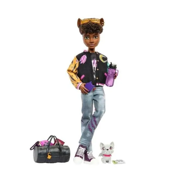 Monster High Clawd Wolf z akcesoriami i buldogiem Rockseena na białym tle