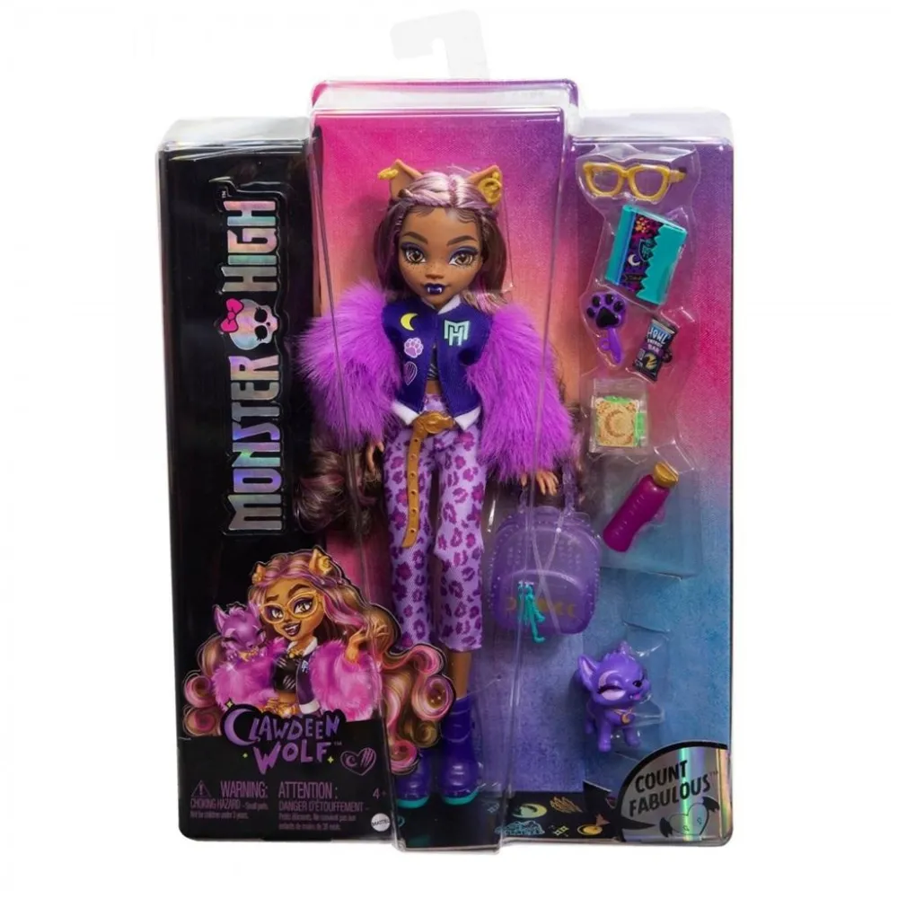 Lalka Monster High Clawdeen Wolf w fioletowej stylizacji z psem Crescent