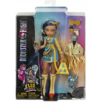 Cleo de Nile Monster High w niebiesko-złotej stylizacji z pieskiem Tut
