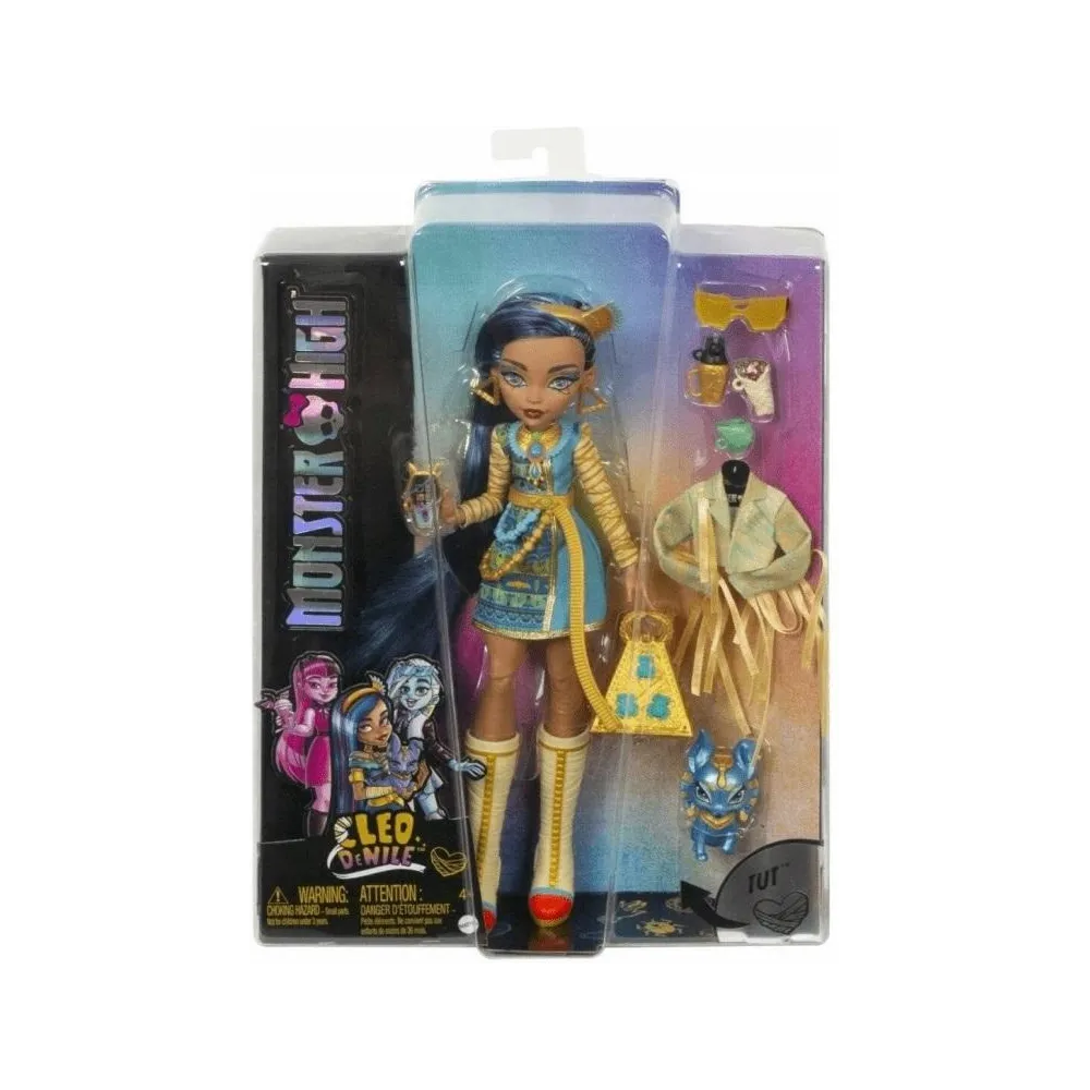 Cleo de Nile Monster High w niebiesko-złotej stylizacji z pieskiem Tut