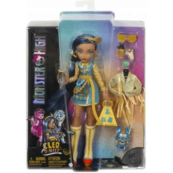 Cleo de Nile Monster High w niebiesko-złotej stylizacji z pieskiem Tut
