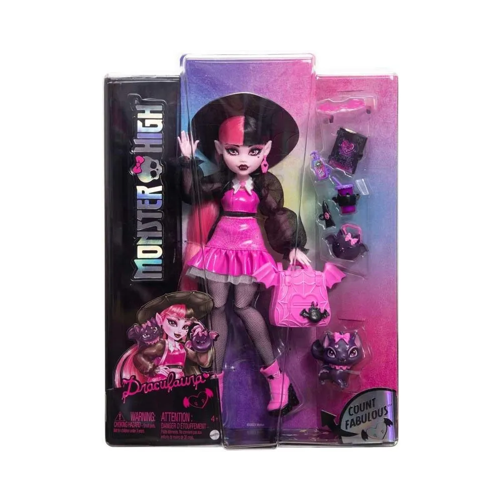 Lalka Monster High Draculaura z akcesoriami i figurką nietoperza w stylizacji