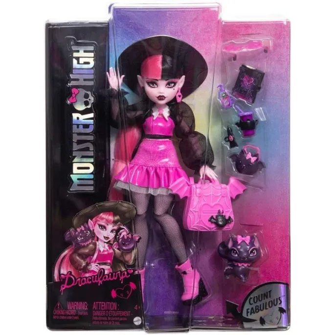 Lalka Monster High Draculaura z akcesoriami i figurką nietoperza w stylizacji
