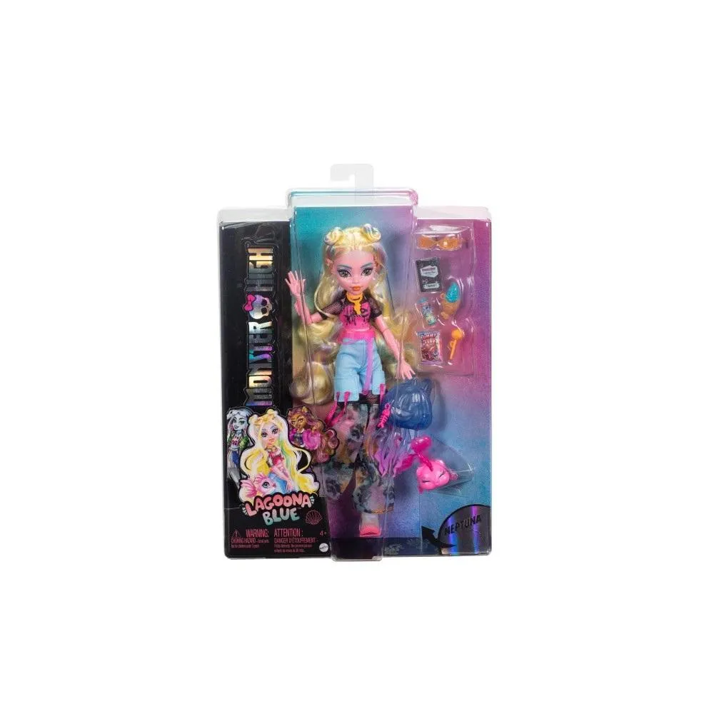 Lalka Lagoona Blue Monster High z akcesoriami i figurką piranii Neptuna