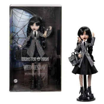 Lalka Wednesday Addams Monster High w czarnym mundurku z figurką Rączki na ramieniu