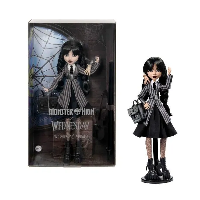 Lalka Wednesday Addams Monster High w czarnym mundurku z figurką Rączki na ramieniu