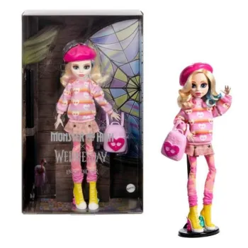 Monster High Wednesday Enid Sinclair w różowym stroju z beretem i plecakiem