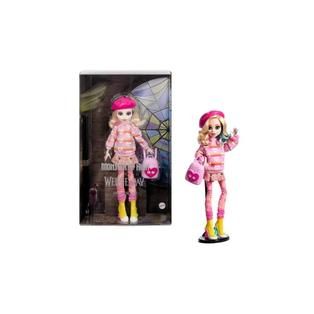Monster High Wednesday Enid Sinclair w różowym stroju z beretem i plecakiem