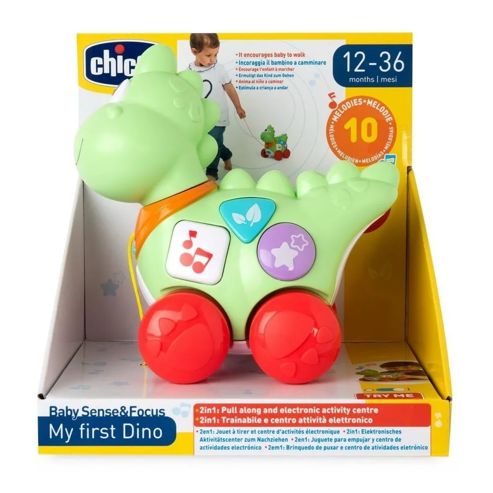 Interaktywny dinozaur z przyciskami i sznurkiem, widok całości zabawki