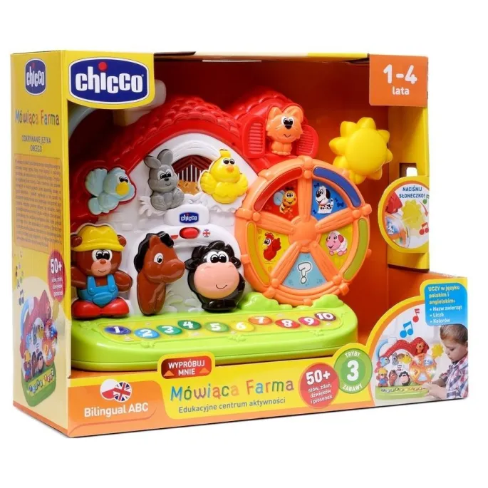 Kolorowa Mówiąca Farma PL/EN z wyraźnymi figurkami zwierząt na panelu dotykowym