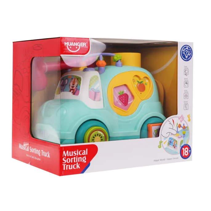 Detal dziecięcego autobusu z sorterem kształtów po bokach