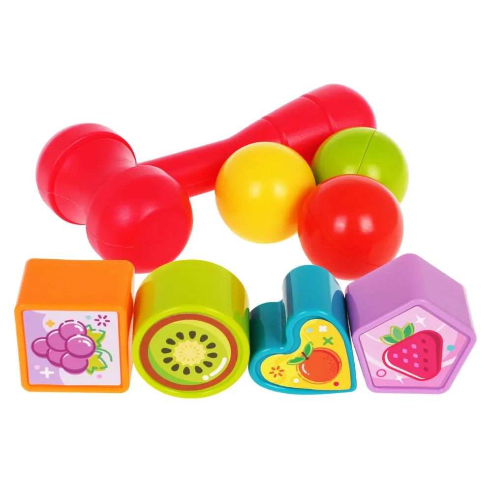 Zestaw autobus, piłki z grzechotkami i młotek widziane z góry