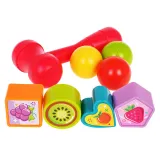 Zestaw autobus, piłki z grzechotkami i młotek widziane z góry