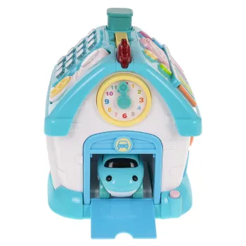 ściana z garażem, ruchomym zegarem i otwieranymi drzwiami domku