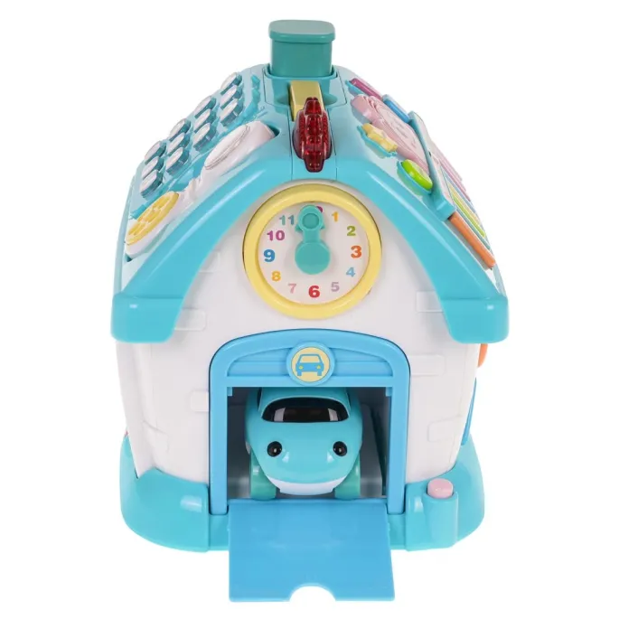 ściana z garażem, ruchomym zegarem i otwieranymi drzwiami domku