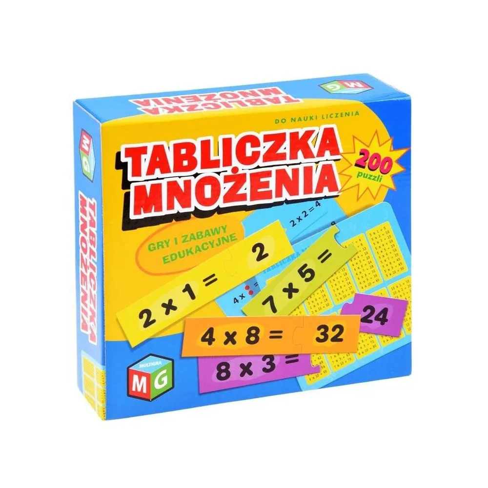 pudełko gry z elementami tabliczki mnożenia i puzzlami