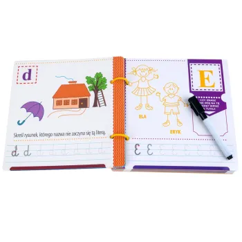 Ilustracje wspomagające naukę alfabetu w albumie edukacyjnym