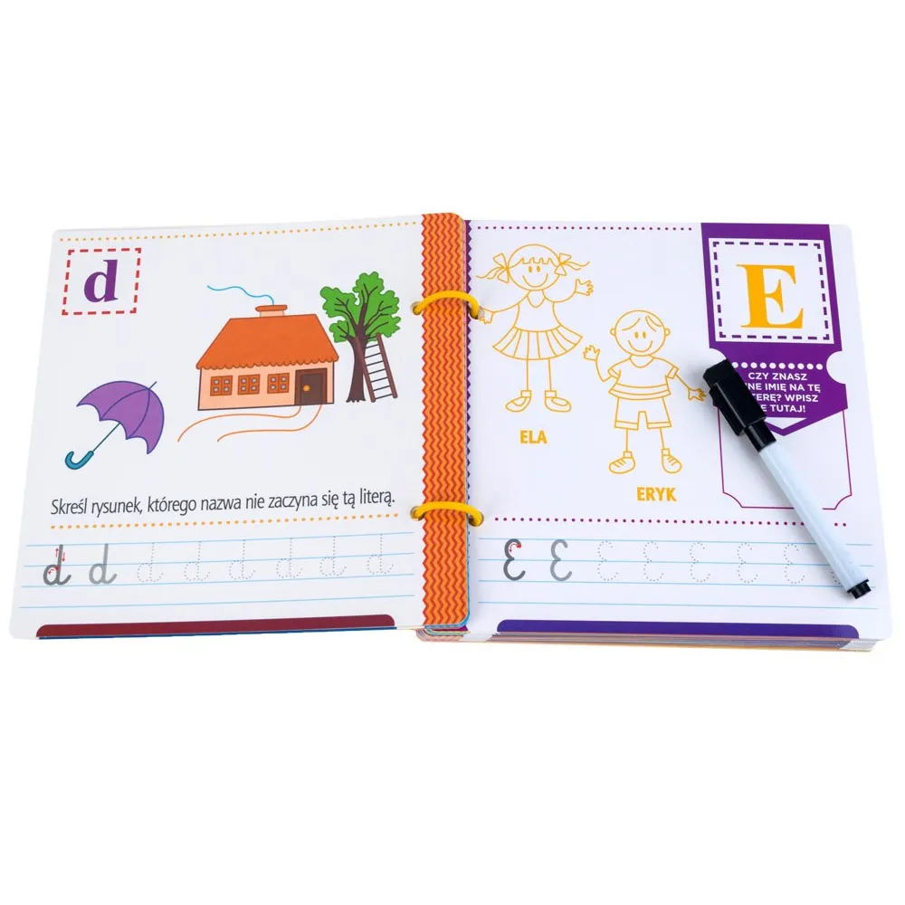 Ilustracje wspomagające naukę alfabetu w albumie edukacyjnym