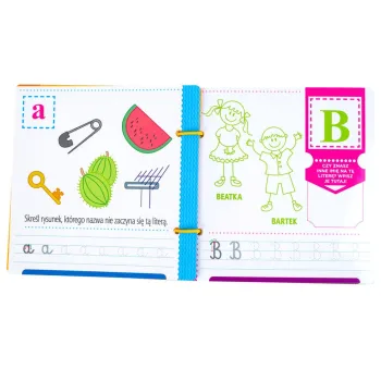 Zadania łączące rysowanie z nauką pisania w albumie Od A do Z