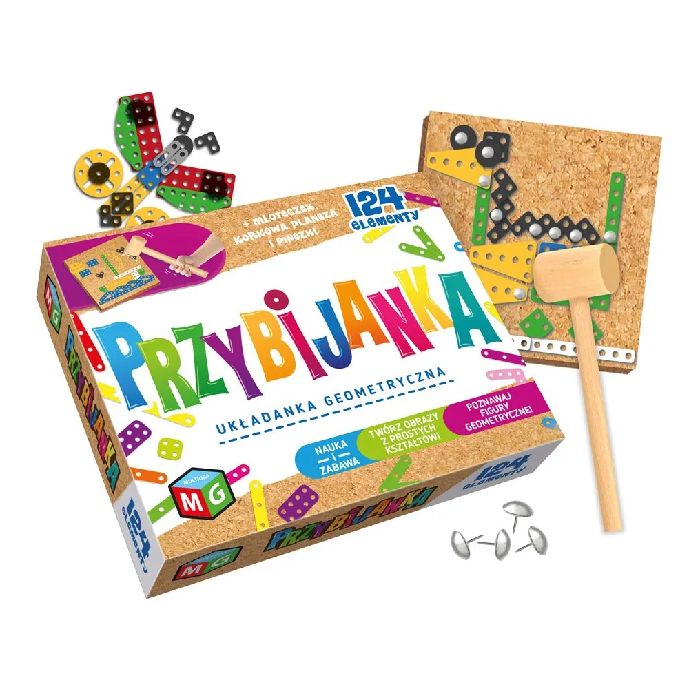 Drewniany młotek, korkowa tablica i metalowe blaszki z zestawu