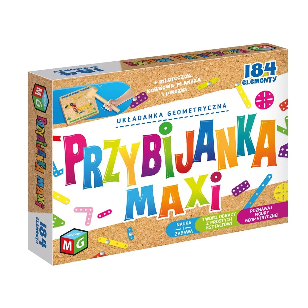zbliżenie na elementy układanki Multigra Przybijanka MAXI na korkowej tablicy