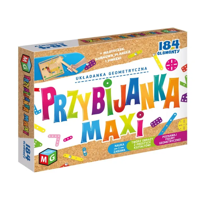zbliżenie na elementy układanki Multigra Przybijanka MAXI na korkowej tablicy