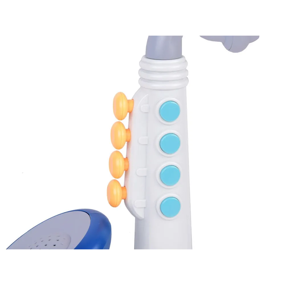 Saksofon zabawkowy z widocznym czerwonym przyciskiem z gwiazdką