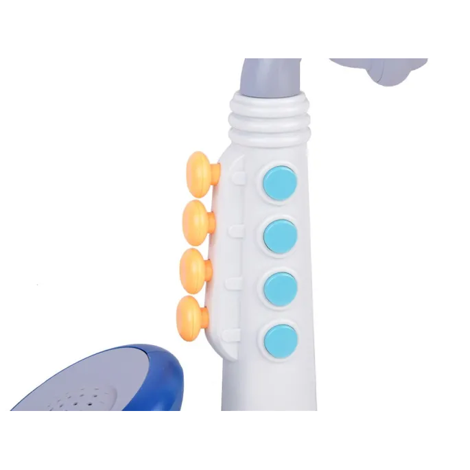 Saksofon zabawkowy z widocznym czerwonym przyciskiem z gwiazdką