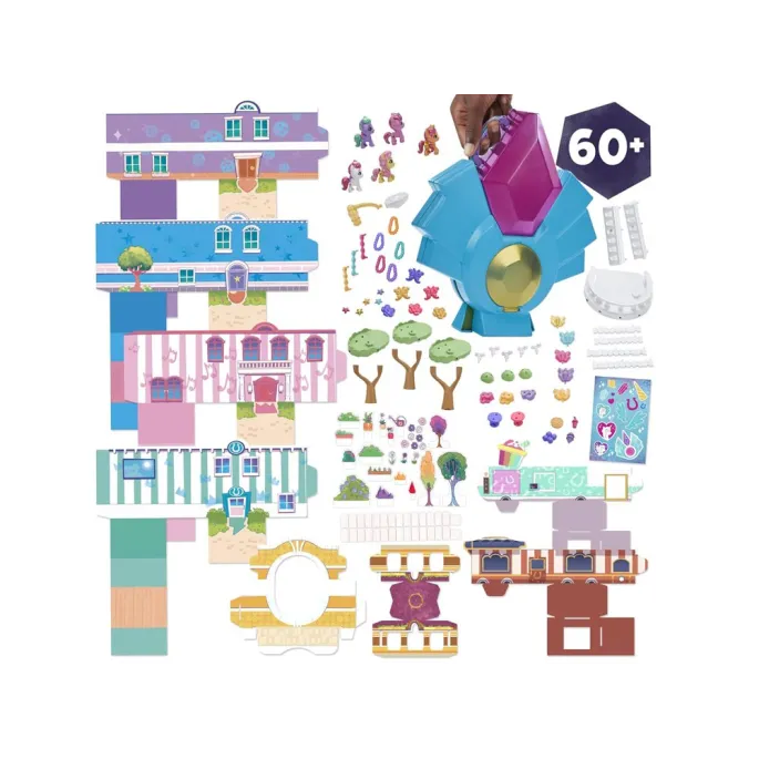 Pięć mini figurek My Little Pony ustawionych na tle dekoracji