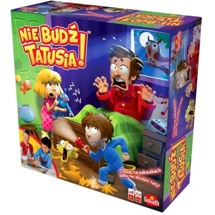gra planszowa nie budź tatusia z figurką taty w łóżku i kolorową planszą
