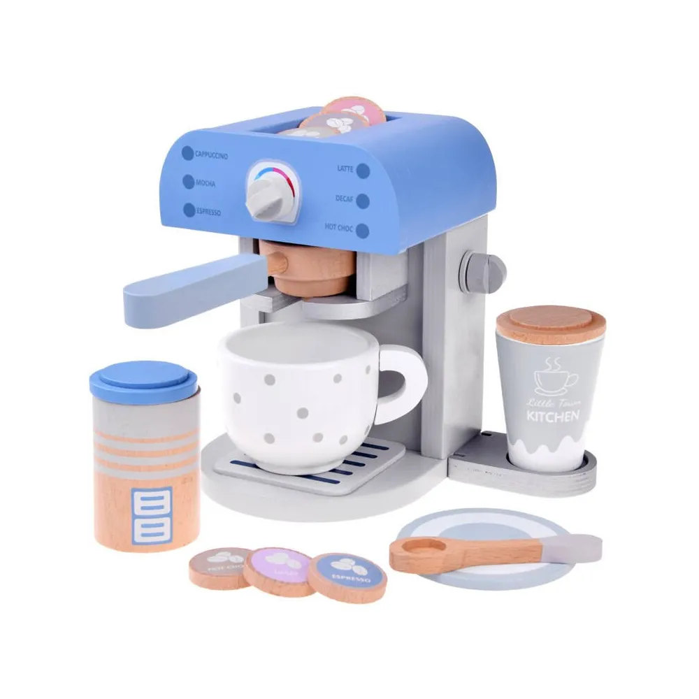drewniany ekspres do kawy niebieski z akcesoriami dla dzieci na stole