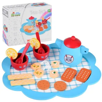 niebieski drewniany zestaw herbaciany z pełnym kompletem akcesoriów