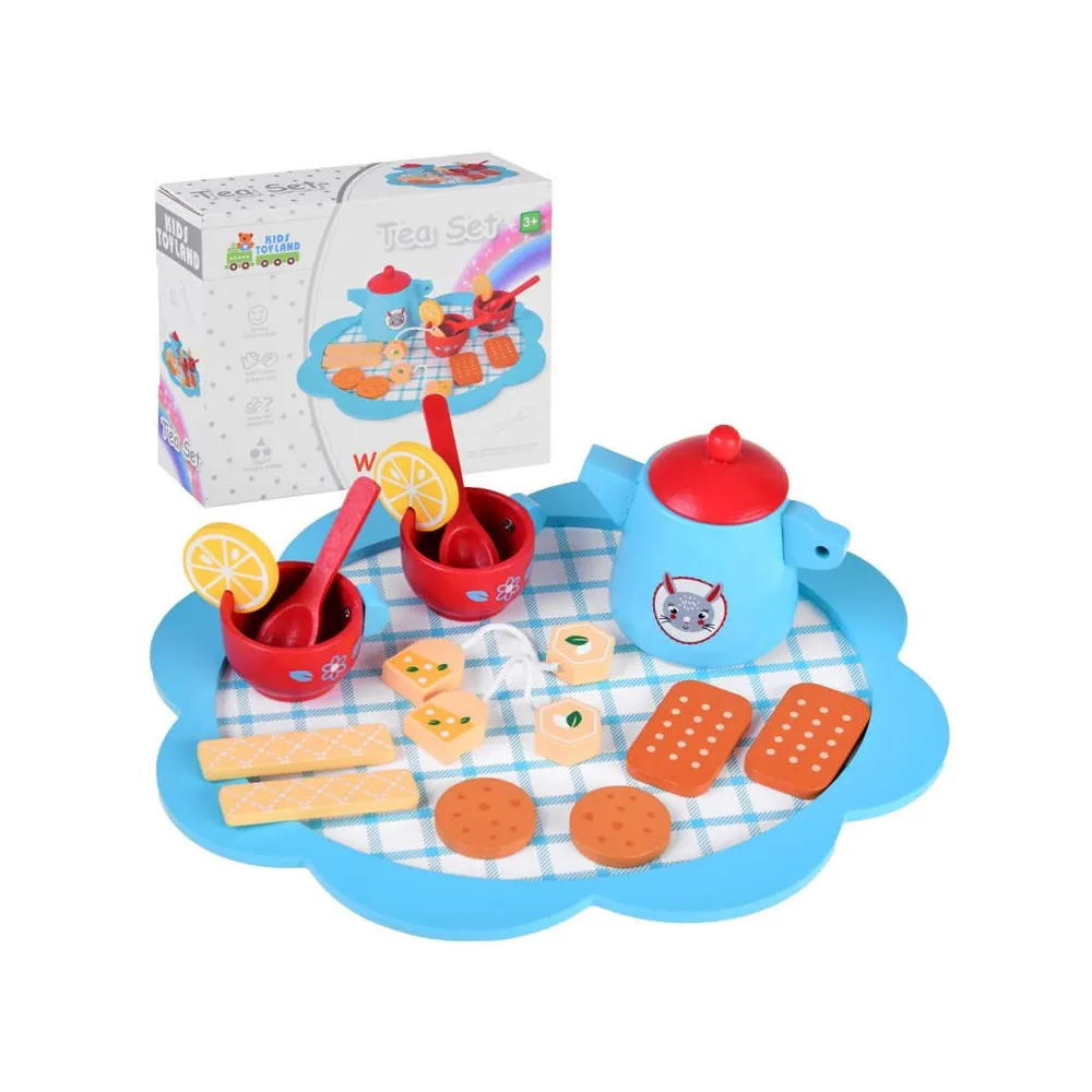 niebieski drewniany zestaw herbaciany z pełnym kompletem akcesoriów