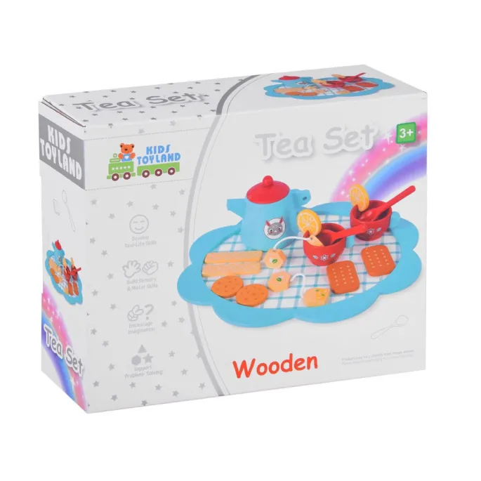 biało-niebieska taca z filiżankami i deserami dla dzieci