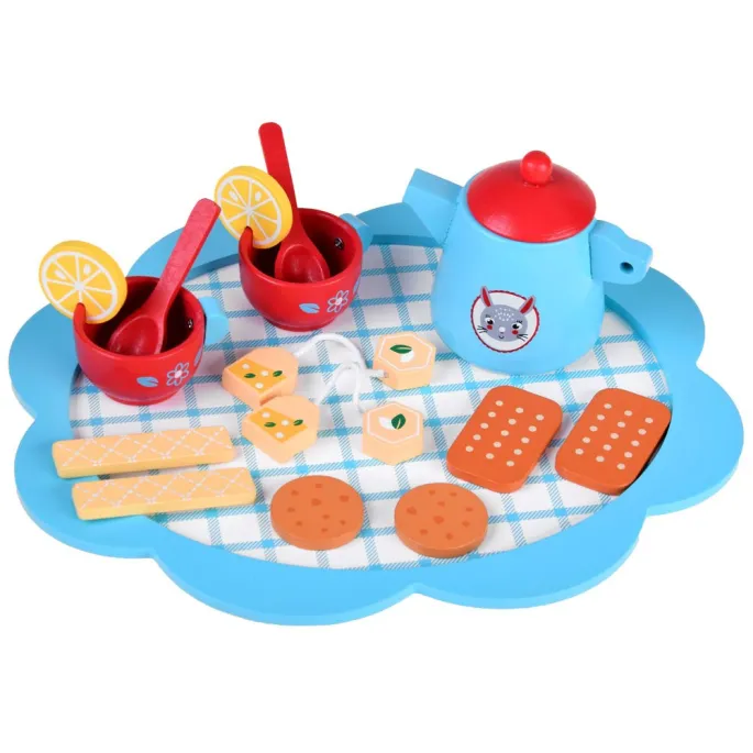 niebieski dzbanek z czerwoną przykrywką obok filiżanek