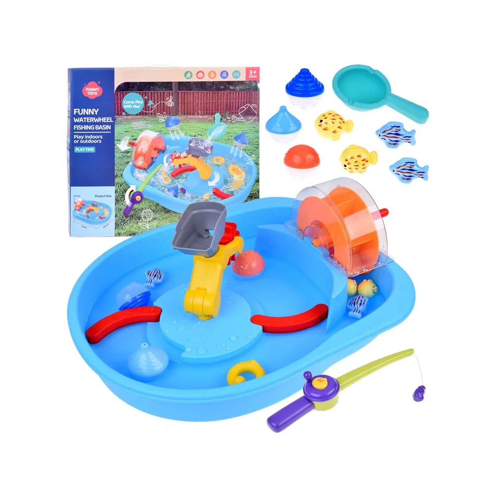 niebieski stolik wodny z kołem młyńskim i akcesoriami do łowienia