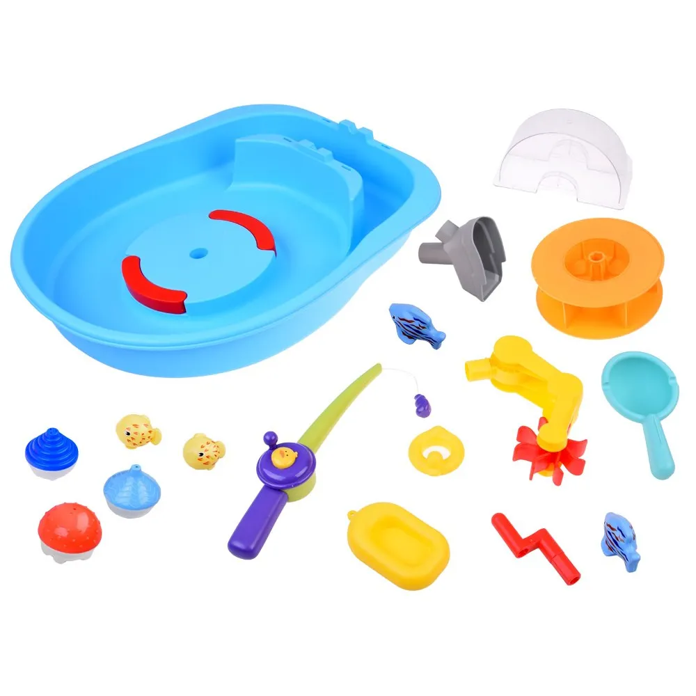 zbliżenie na koło młyńskie w niebieskim stoliku wodnym dla dzieci